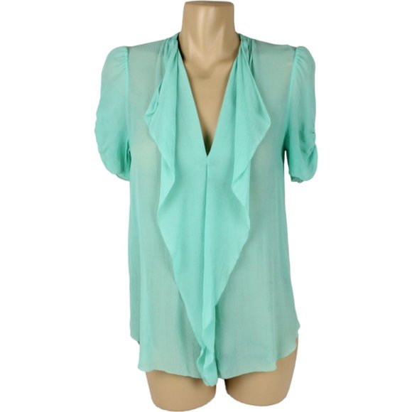 t. babaton Silk Crepe Blouse XS Mint Green Short Sleeve V Neck Ruffle CA270 - Picture 1 of 14